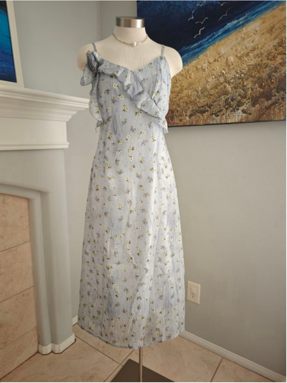 Women's FEIMAO Light Blue Floral Ruffle Midi Dress